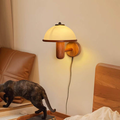 Rustic Wooden Fungi Wall Lamp with Cream Shade