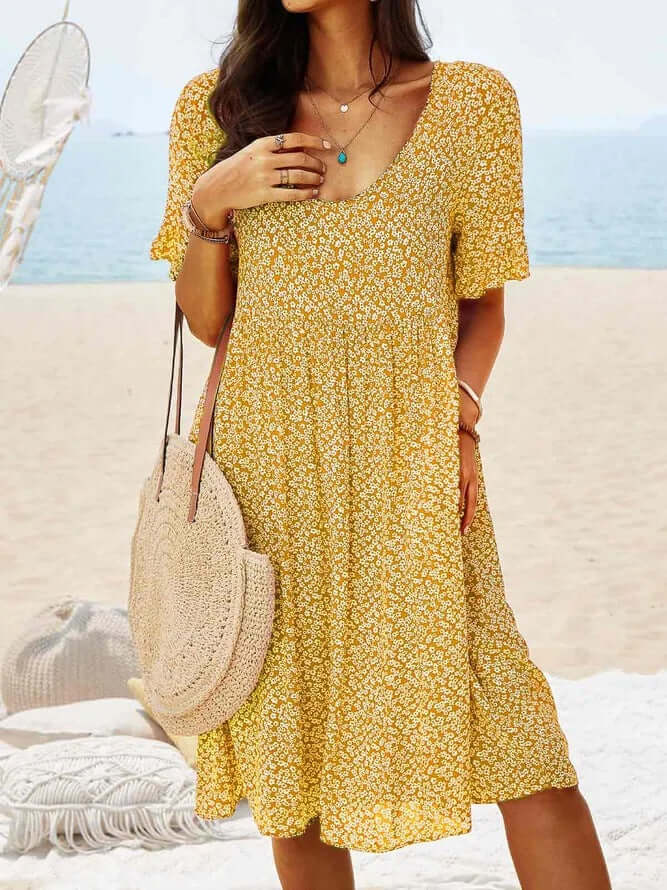 Casual Floral Midi Dress - Loose Fit