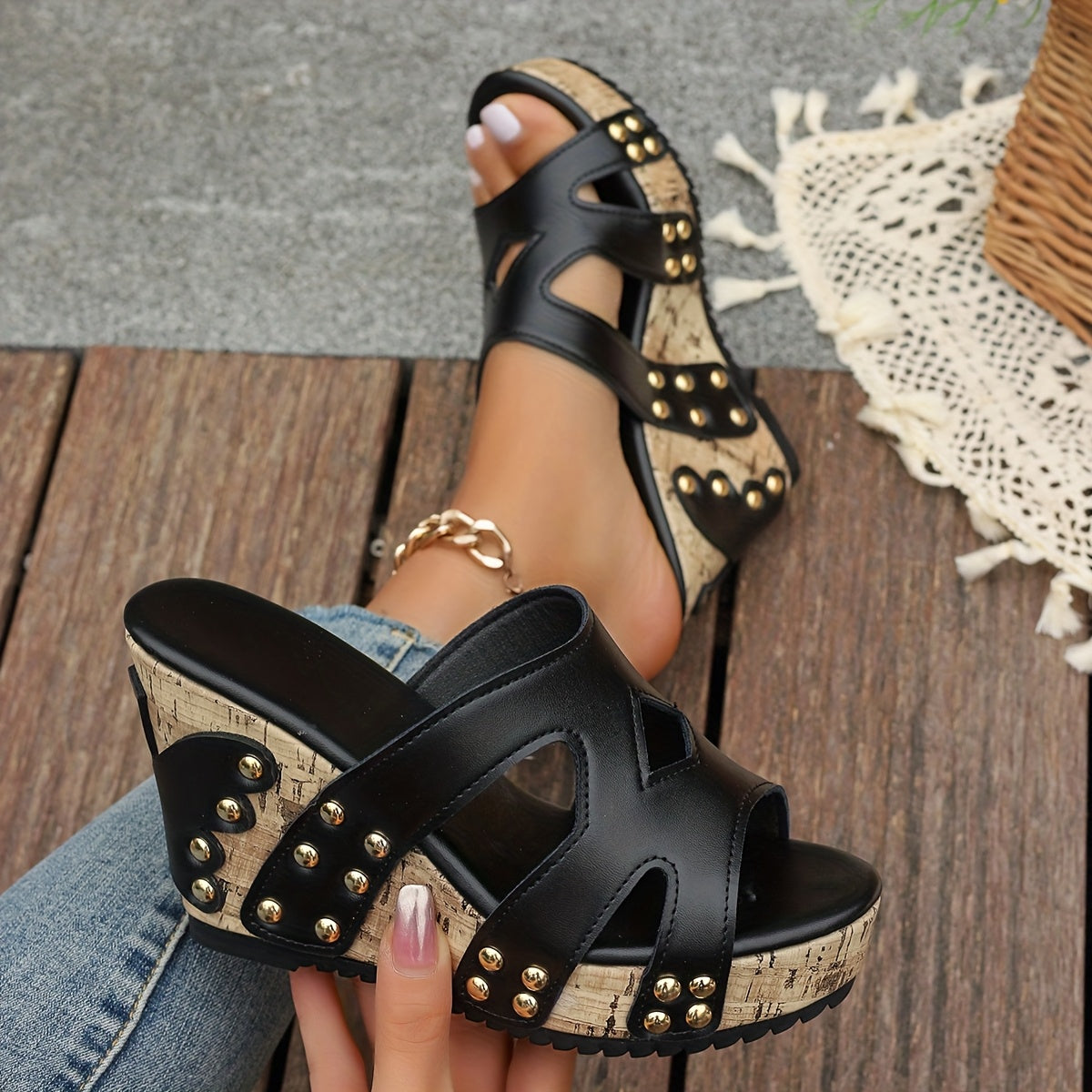 Comfortable Studded High Heel Sandals