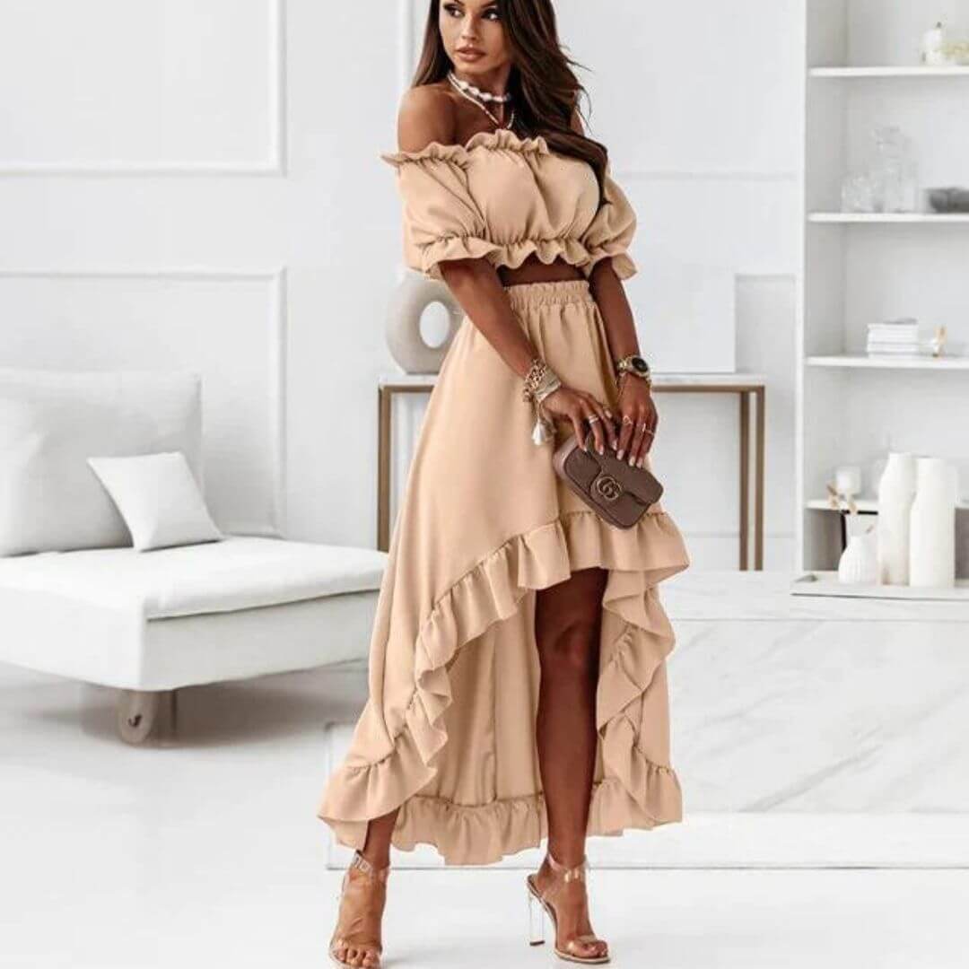 Ladies' Cold Shoulder Ruffle Top & Asymmetrical Skirt Set