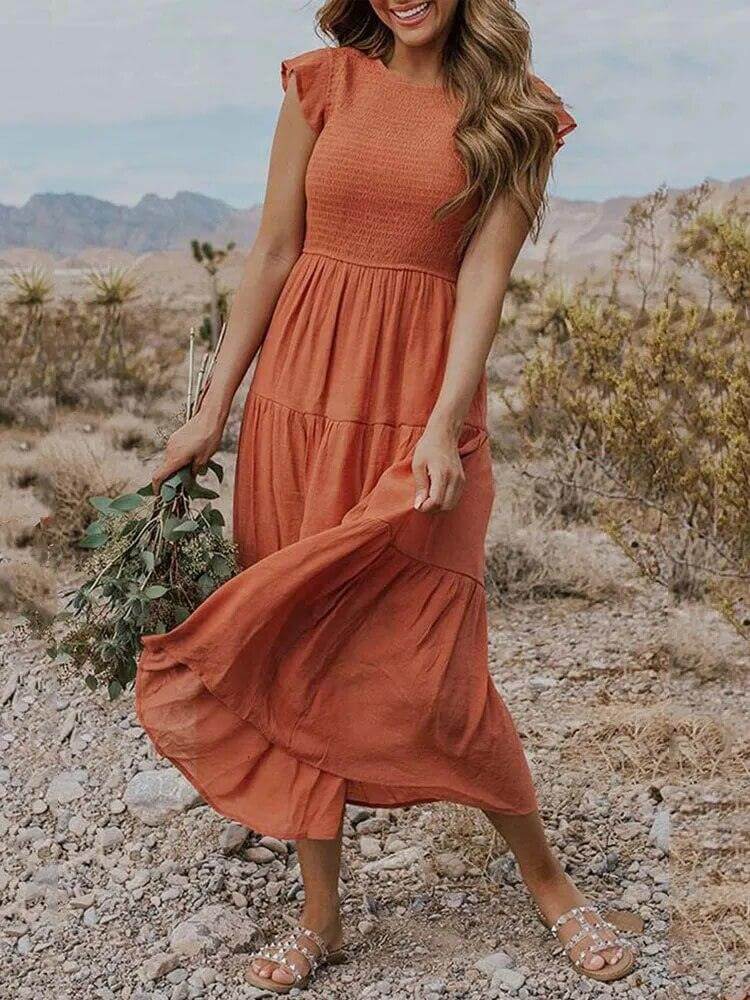Ladies Floral Midi Dress with Ruffled Sleeves - Luxivelle