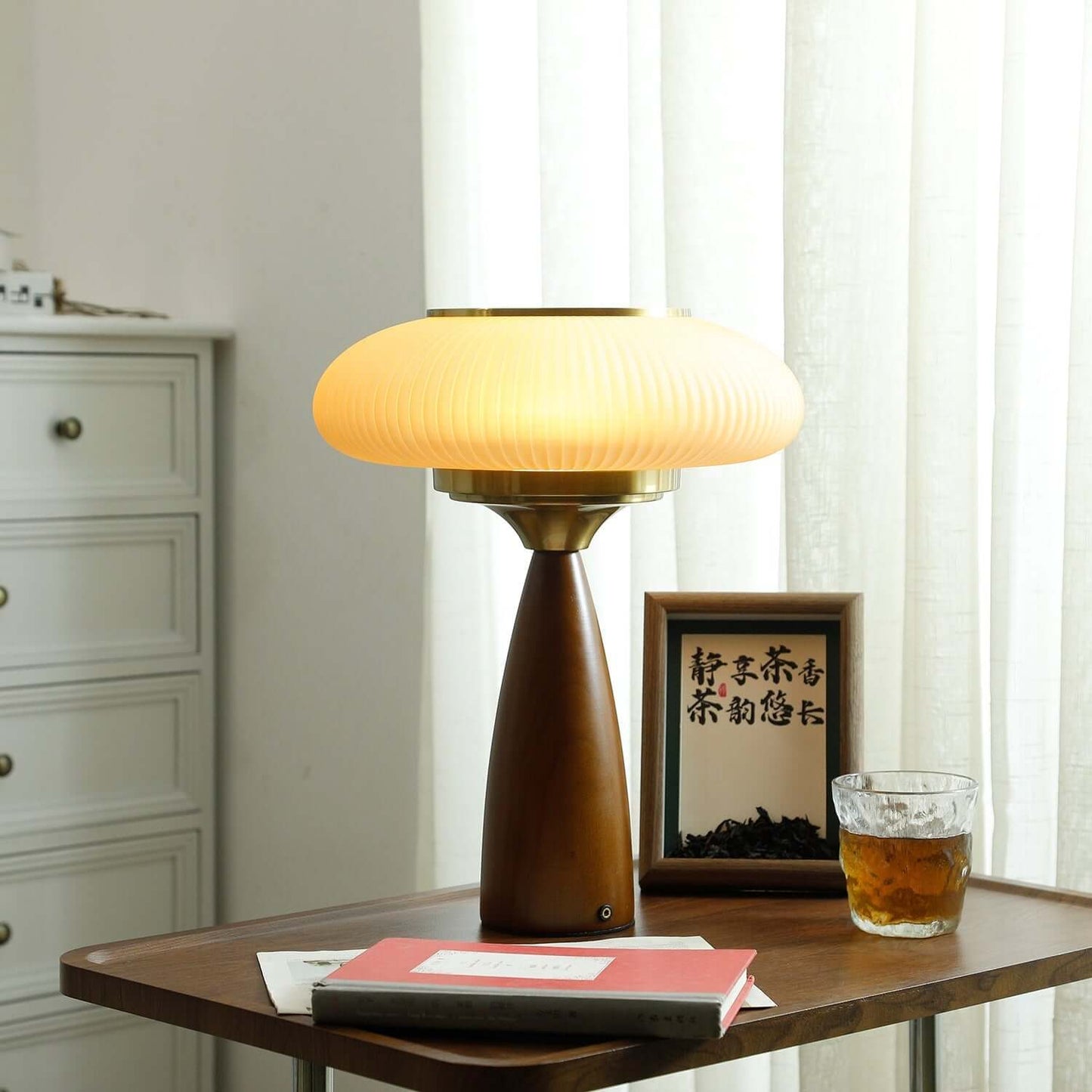Small Glass Desk Lamp with Wood Base