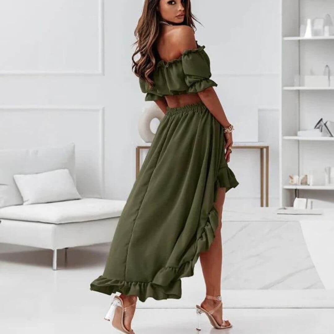 Ladies' Cold Shoulder Ruffle Top & Asymmetrical Skirt Set