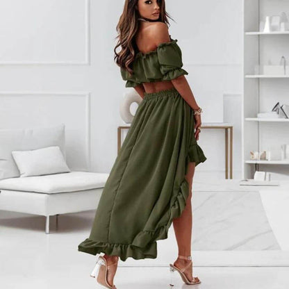 Ladies' Cold Shoulder Ruffle Top & Asymmetrical Skirt Set