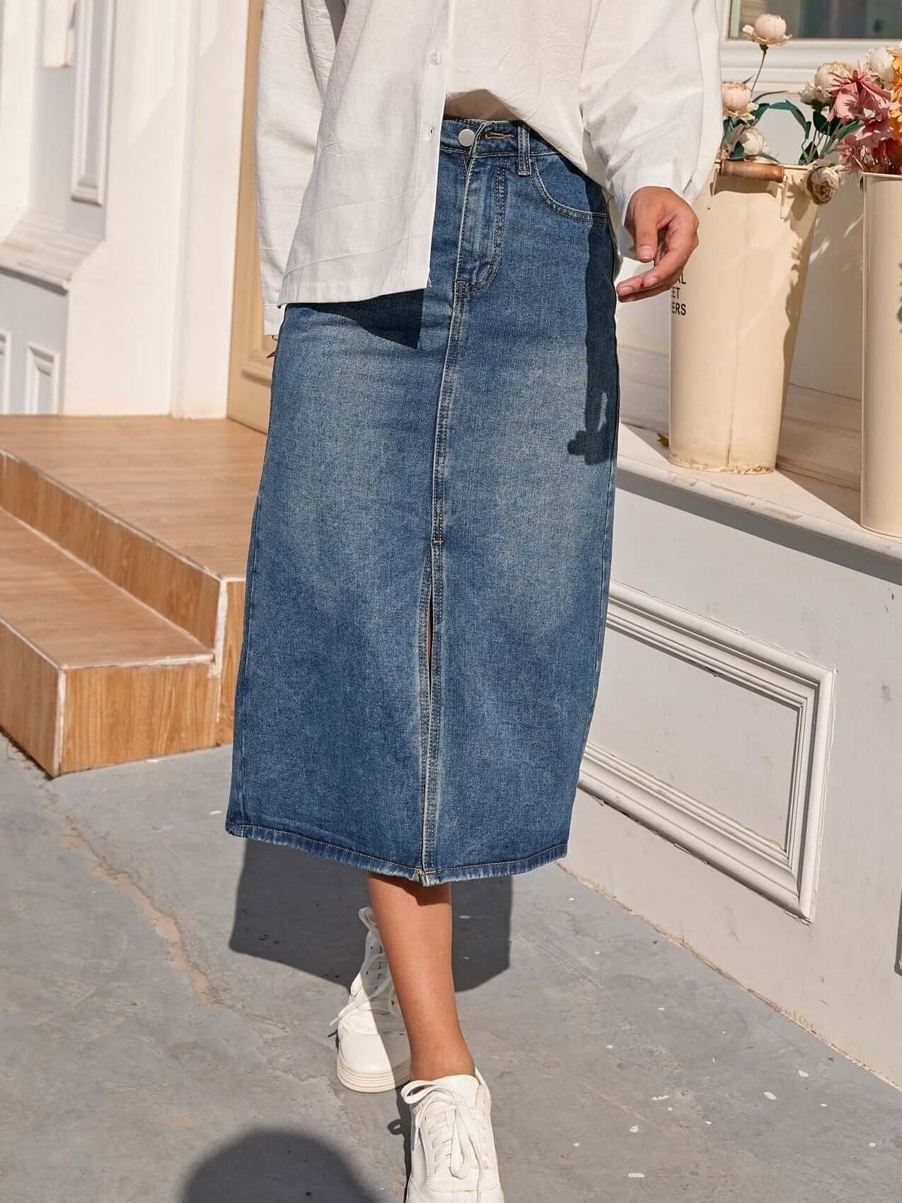 Feminine High Waist Blue Midi Denim Skirt