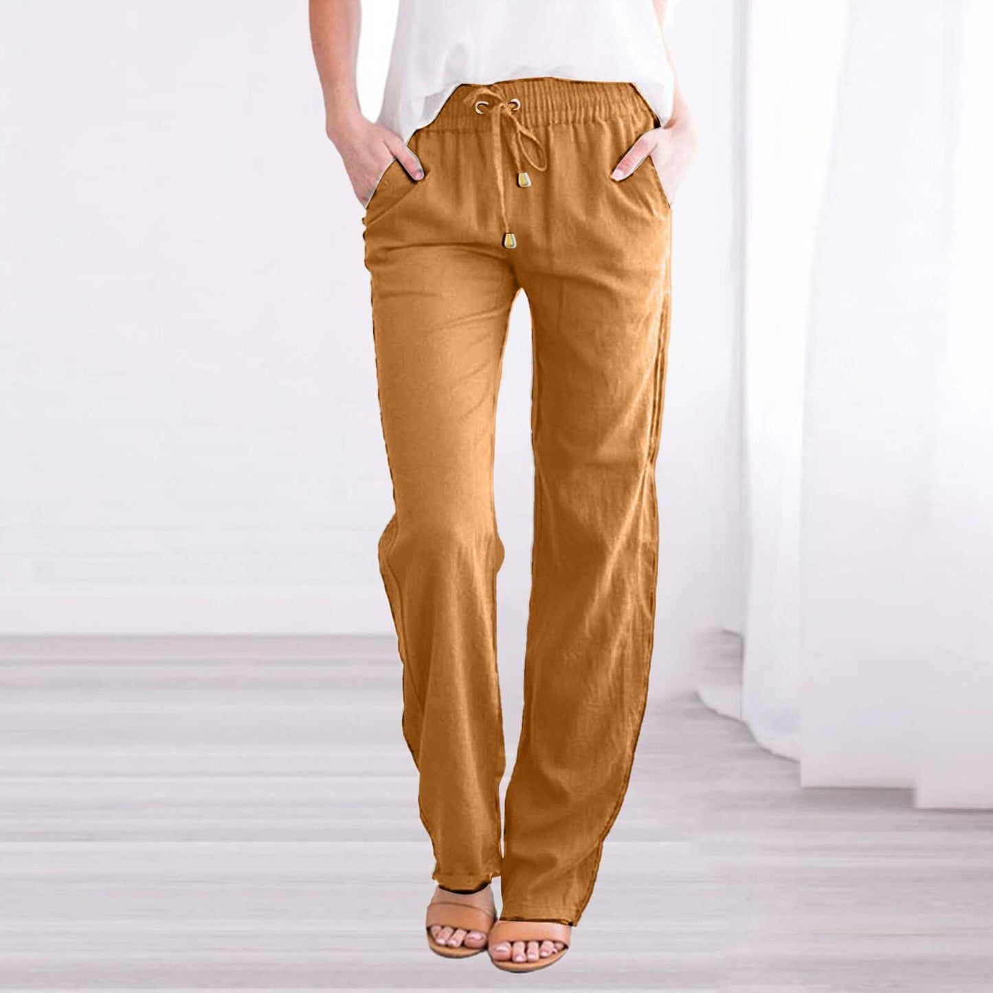 Relaxed Fit Linen Cotton Elastic Waist Pants