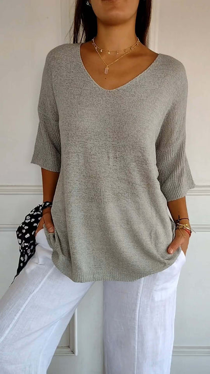 Relaxed Fit Women's V Neck Sweater Top