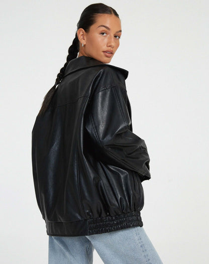 Large Synthetic Leather Women's Coat