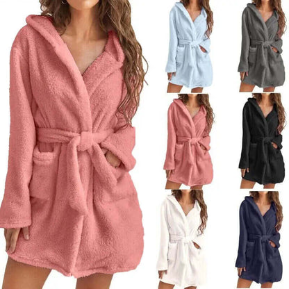 Plush Hooded Long Bathroom Robe for Women