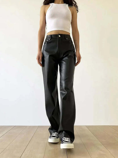 Classic High Waist Straight Leg Leather Jeans Pants