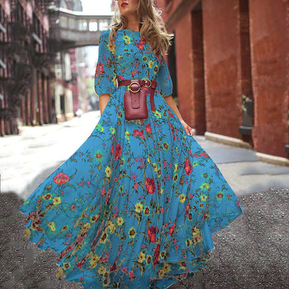 Ladies' Short Sleeve Flower A-Line Dress - Luxivelle