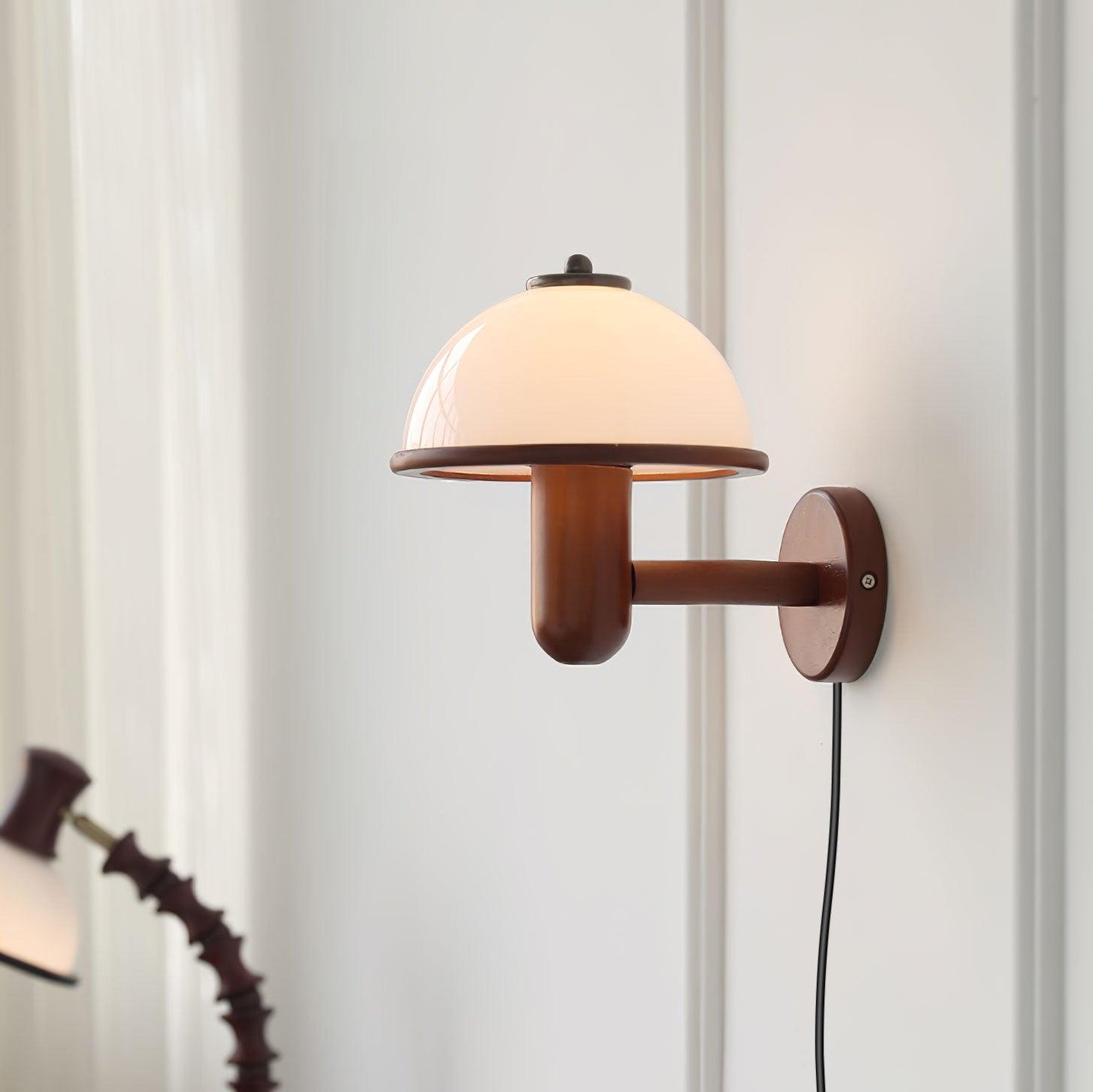 Rustic Wooden Fungi Wall Lamp with Cream Shade