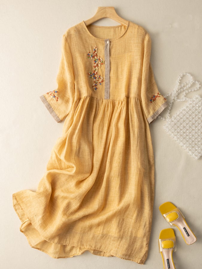 Casual Womens Linen Summer Embroidered Midi Dress - Luxivelle