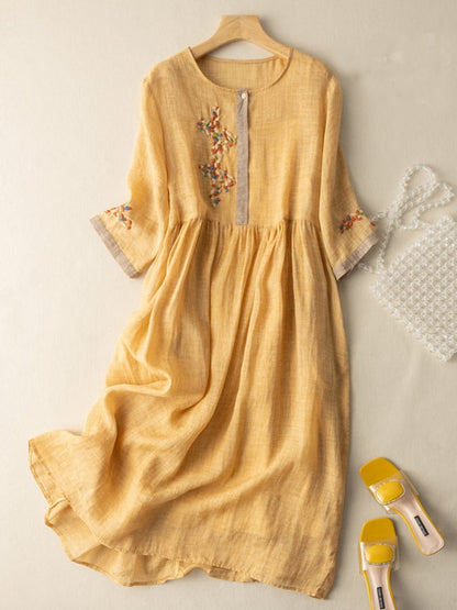 Casual Womens Linen Summer Embroidered Midi Dress - Luxivelle