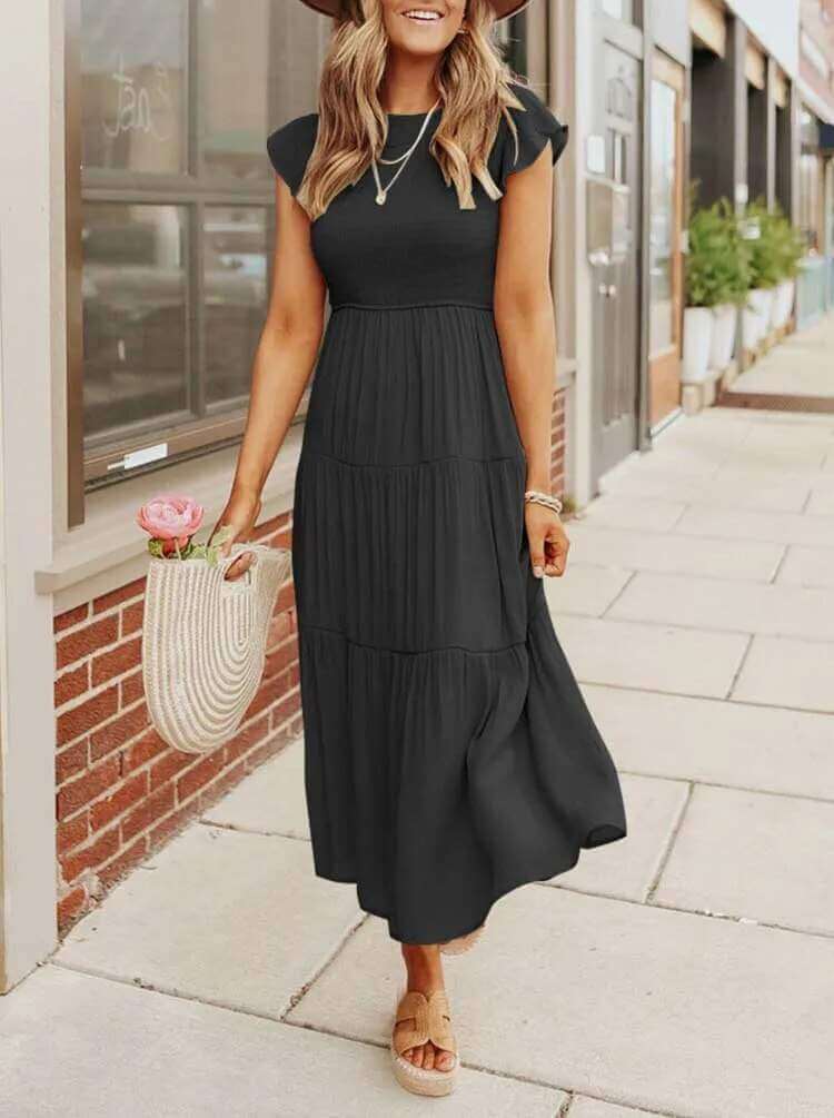 Ladies Floral Midi Dress with Ruffled Sleeves
