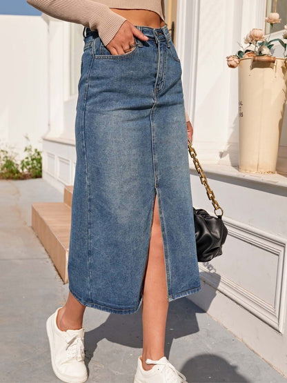 Feminine High Waist Blue Midi Denim Skirt