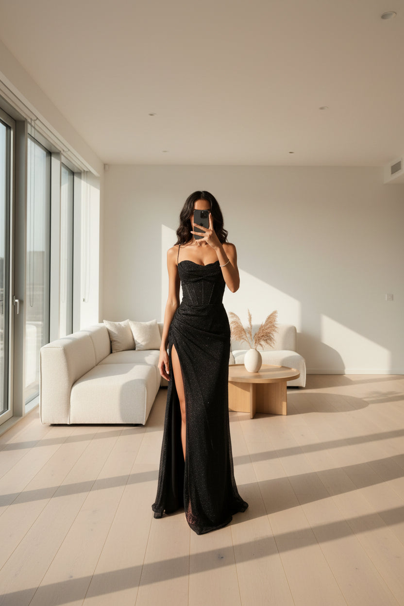 Glamorous Sequin Evening Maxi Dress with High Leg Split - Luxivelle