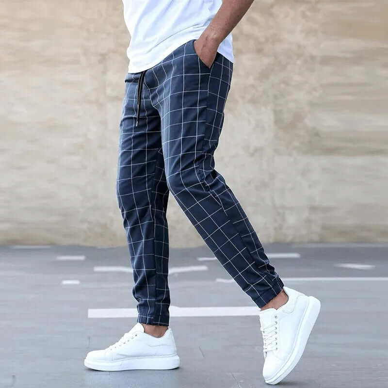 Men's Fit Jogger Pants: Grey Grid Elastic Waist