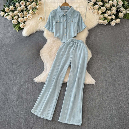 Ladies' Short Sleeve Crop Top and Flared Pants Set - Luxivelle