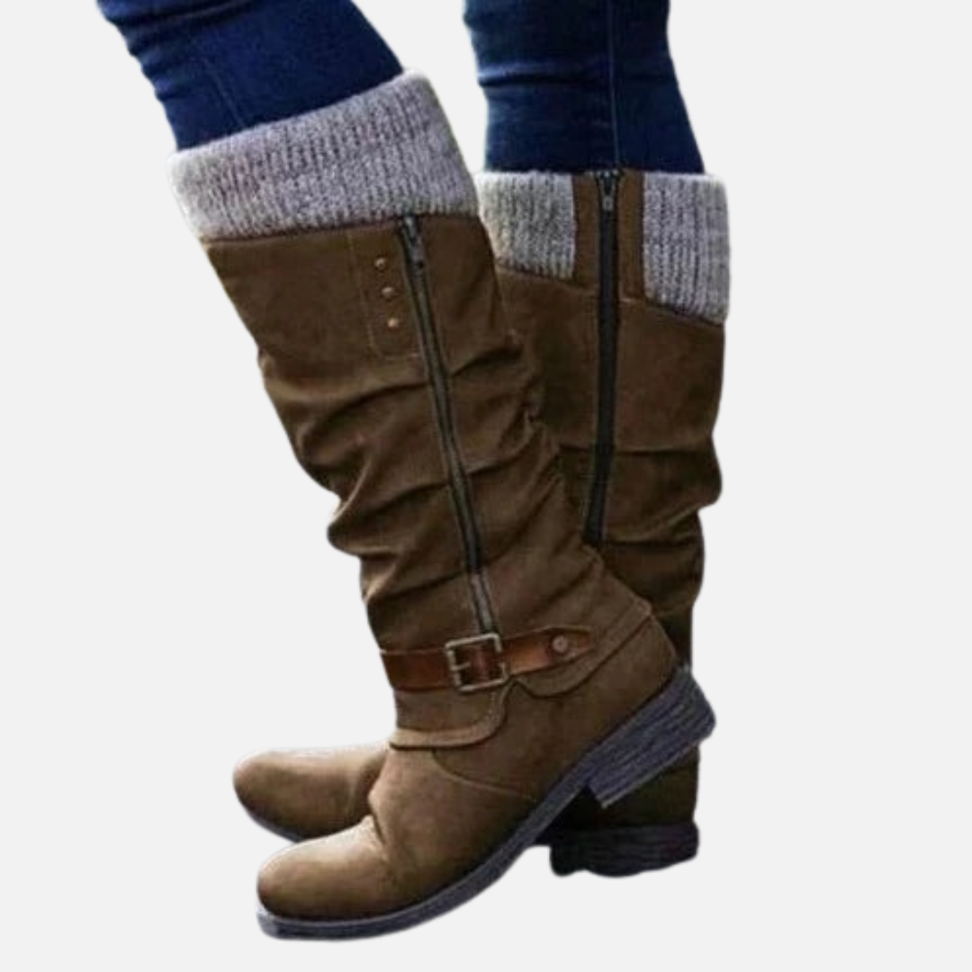 Women's Mid-Calf Slouch Boots - Warm Knit Trim Winter Walking Shoes