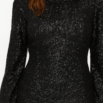 Women's Sparkly Sequin Mini Dress - Elegant Balloon Sleeve Party Gown