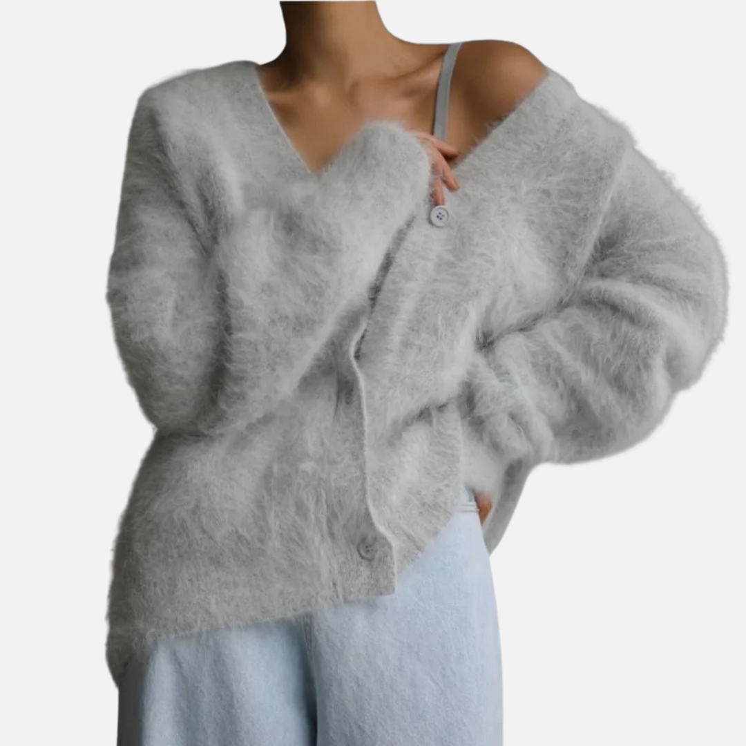 Women's Oversized Knit Cardigan - Soft Fuzzy Button Front Jumper