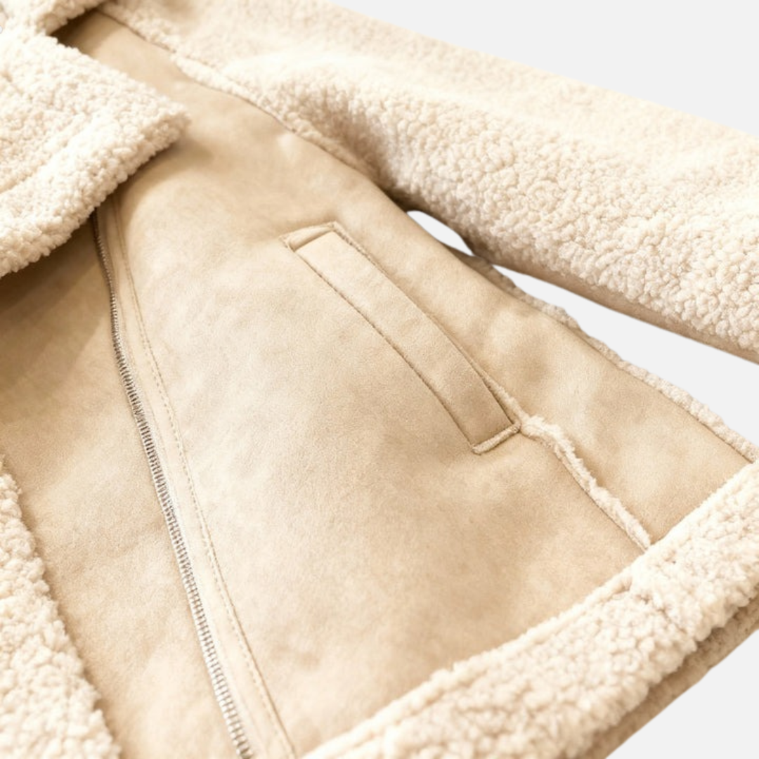 Women's Sherpa Aviator Jacket - Suede Biker Coat with Faux Fur Lining