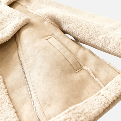 Women's Sherpa Aviator Jacket - Suede Biker Coat with Faux Fur Lining