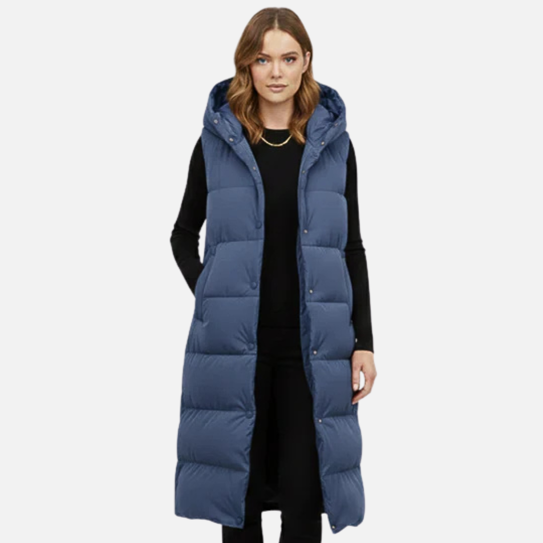 Women's Longline Puffer Vest - Hooded Sleeveless Quilted Gilet