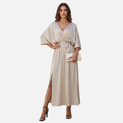 Women's Satin Maxi Dress - Elegant V-Neck Batwing Sleeve Evening Gown