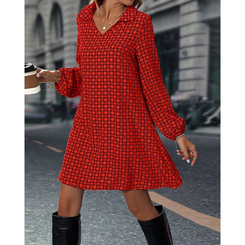 Relaxed Fit V Neck Long Sleeve Dress