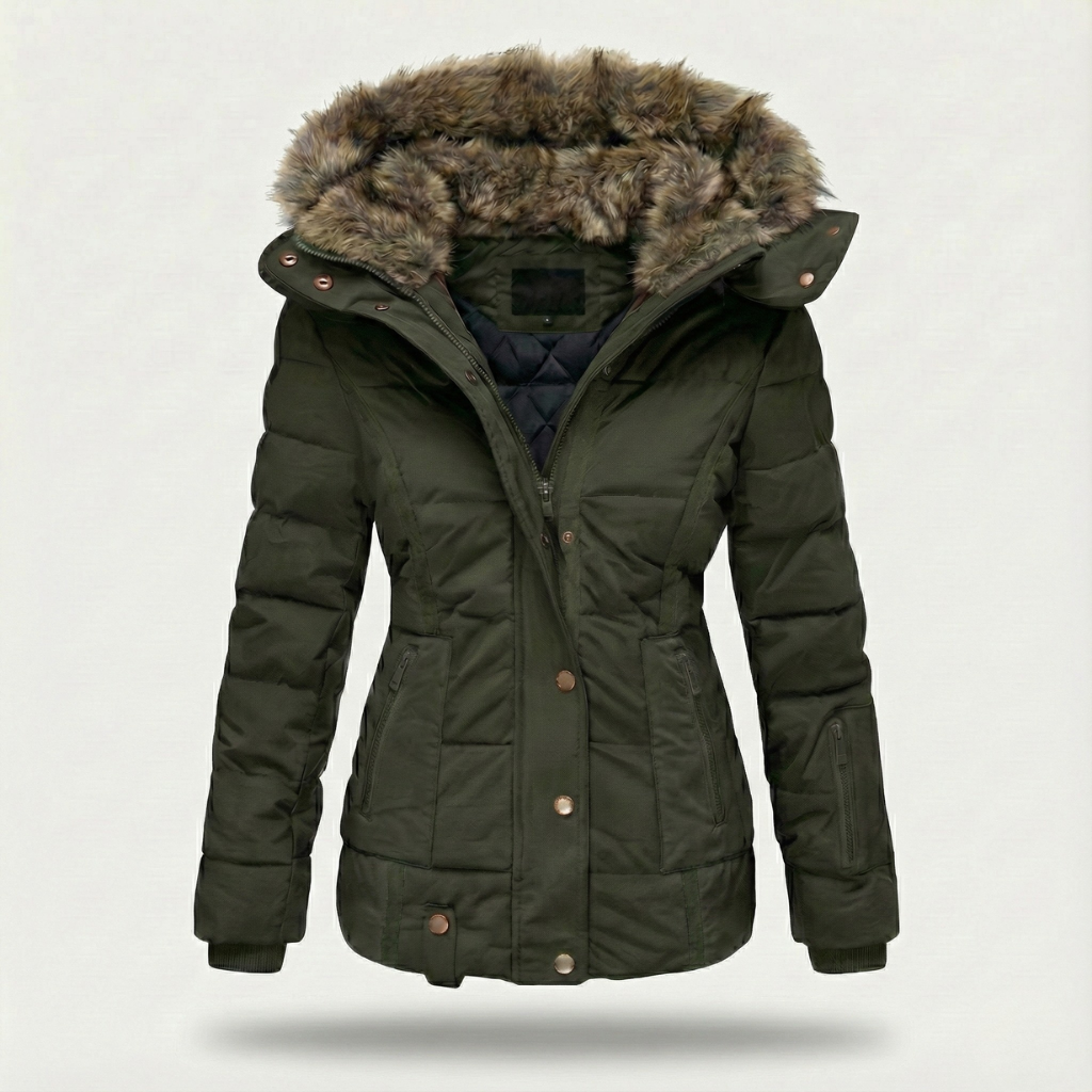 Women's Slim Fit Puffer Coat with Hood and Zip Closure