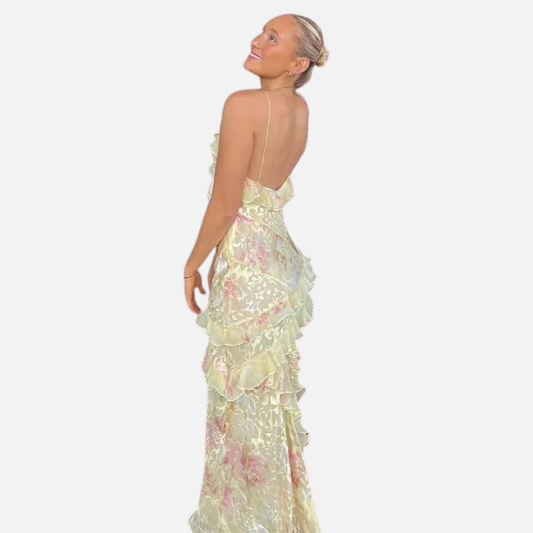 Women's Floral Ruffle Maxi Dress - Backless Summer Slip Dress