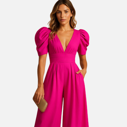 Women's Puff Sleeve Wide Leg Jumpsuit - Elegant Resort Wear