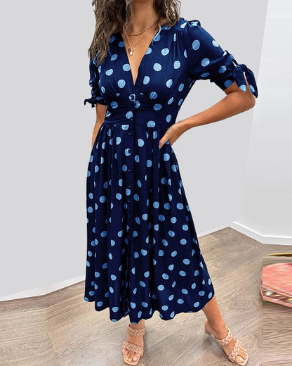 Women's Spotted V Neck Summer Dress