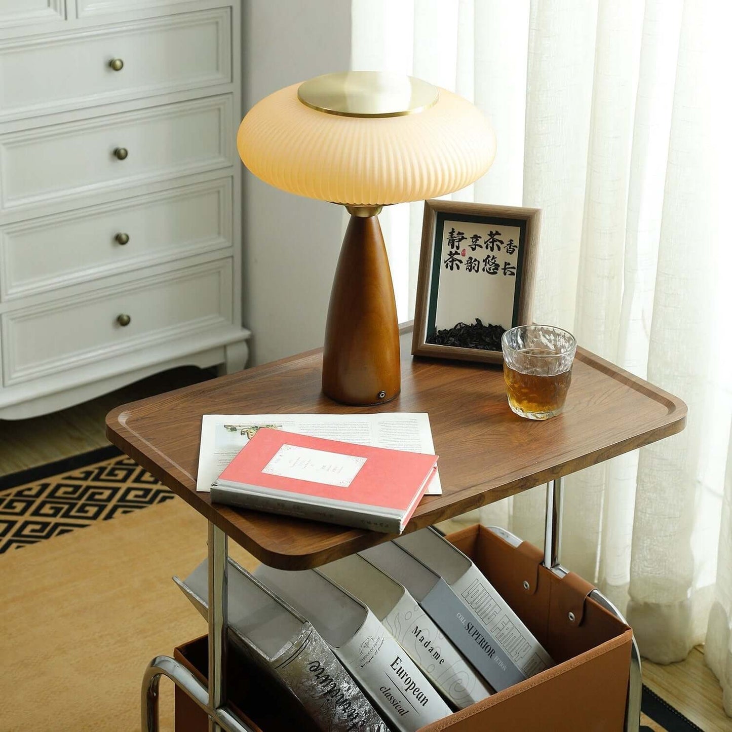 Small Glass Desk Lamp with Wood Base