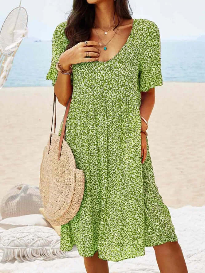 Casual Floral Midi Dress - Loose Fit