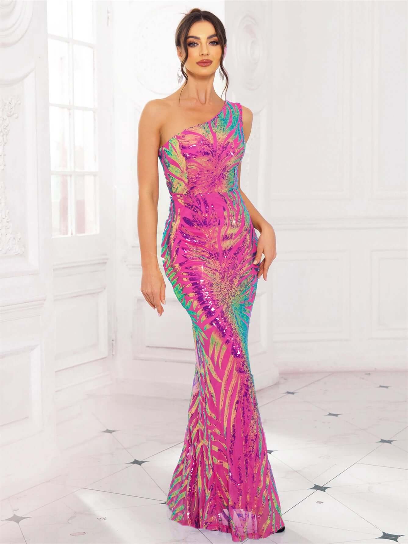 Glittering Asymmetrical Floor Length Prom Dress - Luxivelle