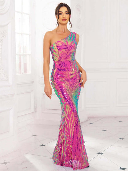 Glittering Asymmetrical Floor Length Prom Dress - Luxivelle