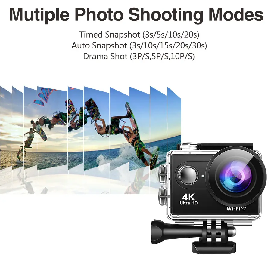 "4K sports action camera with wide-angle lens, waterproof design, and versatile mounts for capturing adventure footage."