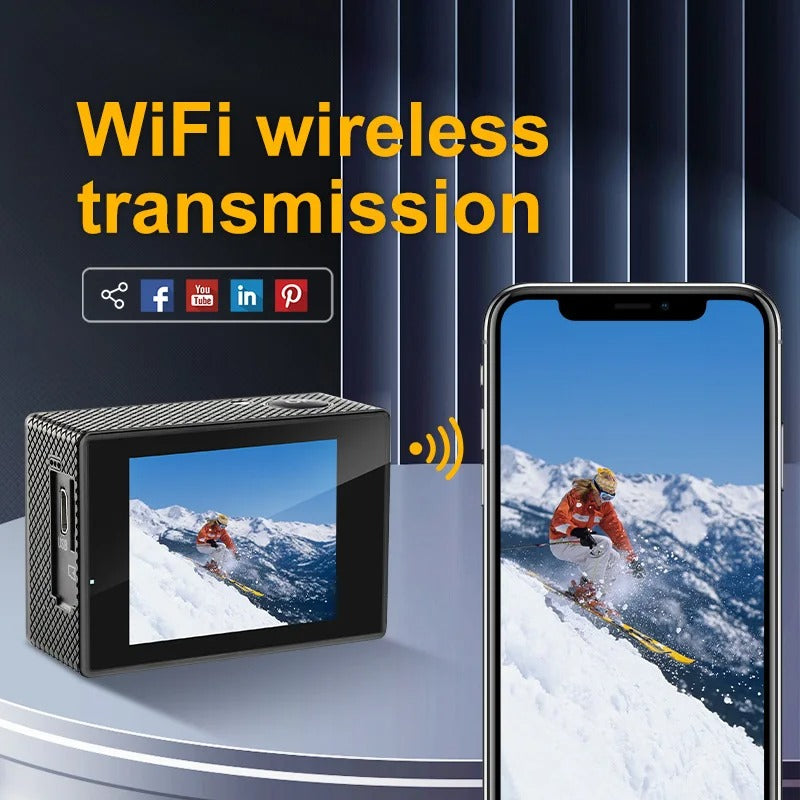 "4K Ultra HD sport camera, waterproof, WiFi enabled; captures panoramic action shots with 140° wide-angle lens."