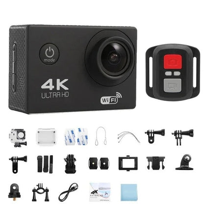 "4K Ultra HD sport camera, waterproof, WiFi enabled; captures panoramic action shots with 140° wide-angle lens."