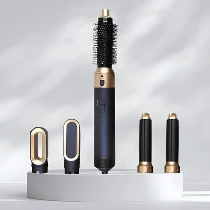 "5-in-1 hair styler with air tech, five attachments, sleek silver design for curling, drying, smoothing, volumizing."