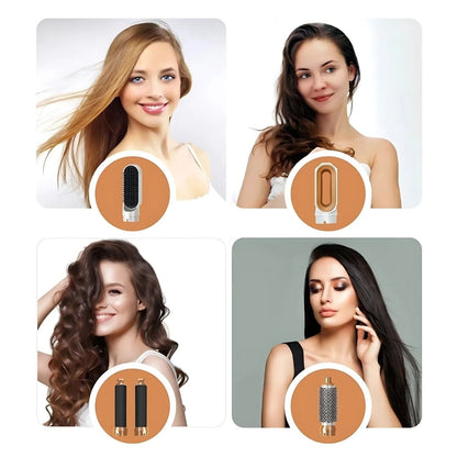 "5-in-1 hair styler with air tech, five attachments, sleek silver design for curling, drying, smoothing, volumizing."
