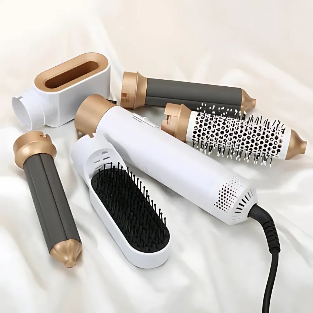 "5-in-1 hair styler with air tech, five attachments, sleek silver design for curling, drying, smoothing, volumizing."
