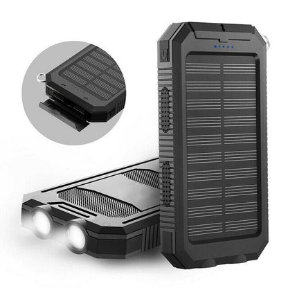 "500000mAh waterproof solar charger power bank, black and blue, dual USB, portable, ideal for outdoor adventures."