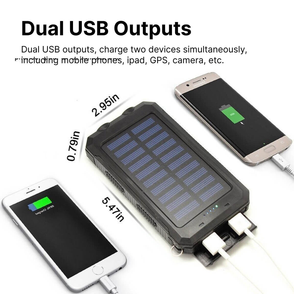 "500000mAh waterproof solar charger power bank, black and blue, dual USB, portable, ideal for outdoor adventures."