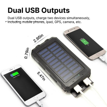 "500000mAh waterproof solar charger power bank, black and blue, dual USB, portable, ideal for outdoor adventures."