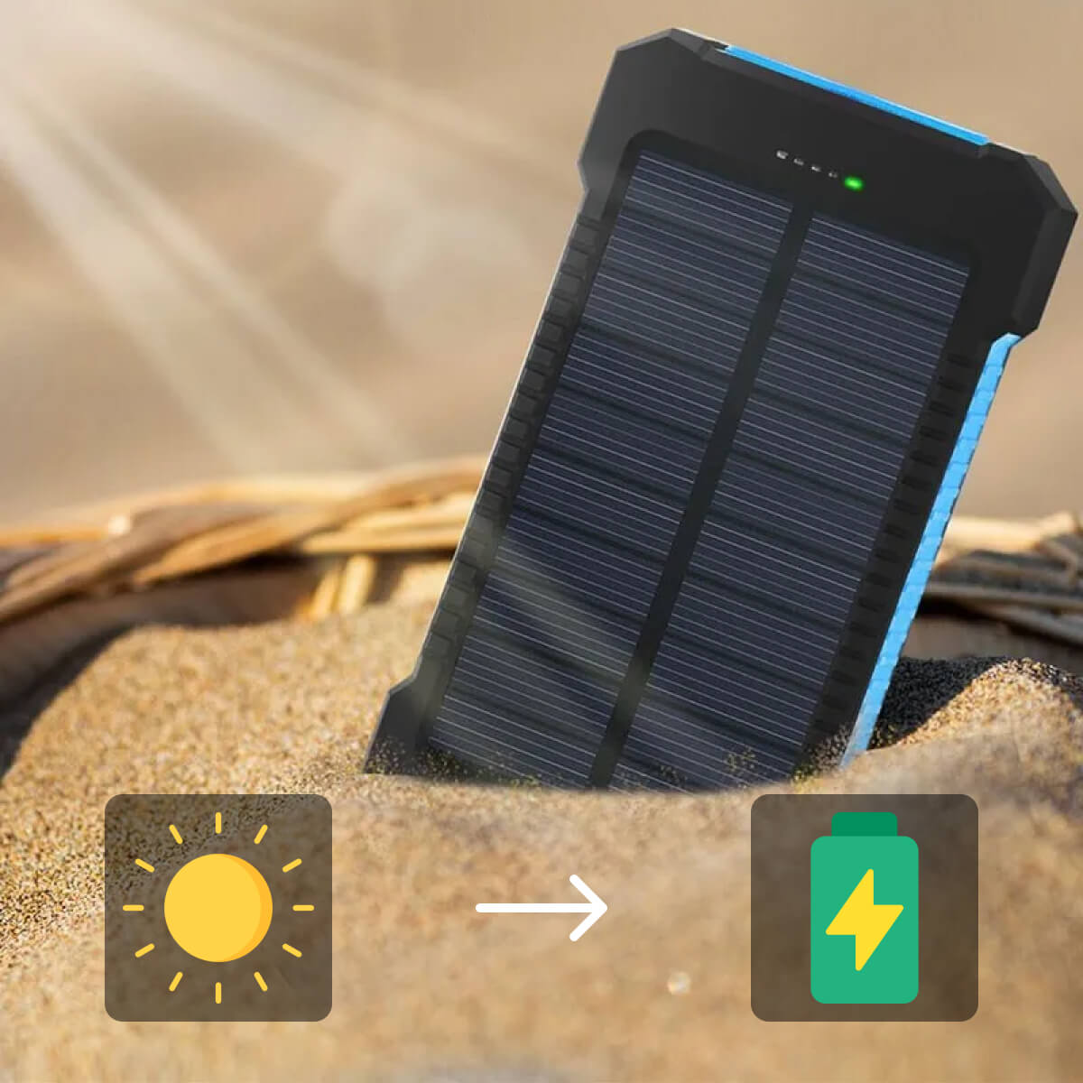 "500000mAh waterproof solar charger power bank, black and blue, dual USB, portable, ideal for outdoor adventures."