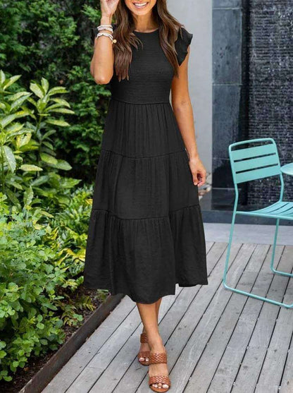 Ladies Floral Midi Dress with Ruffled Sleeves